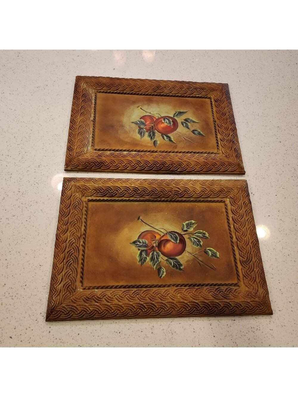 2 VINTAGE HAND PAINTED INLAY FRUIT Tomatoes Metal Wall Hanging 18x12.5"